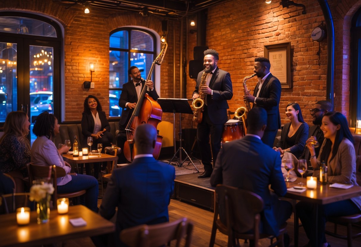 Couples and friends enjoying a live jazz band performing inside a cozy, warmly lit venue.