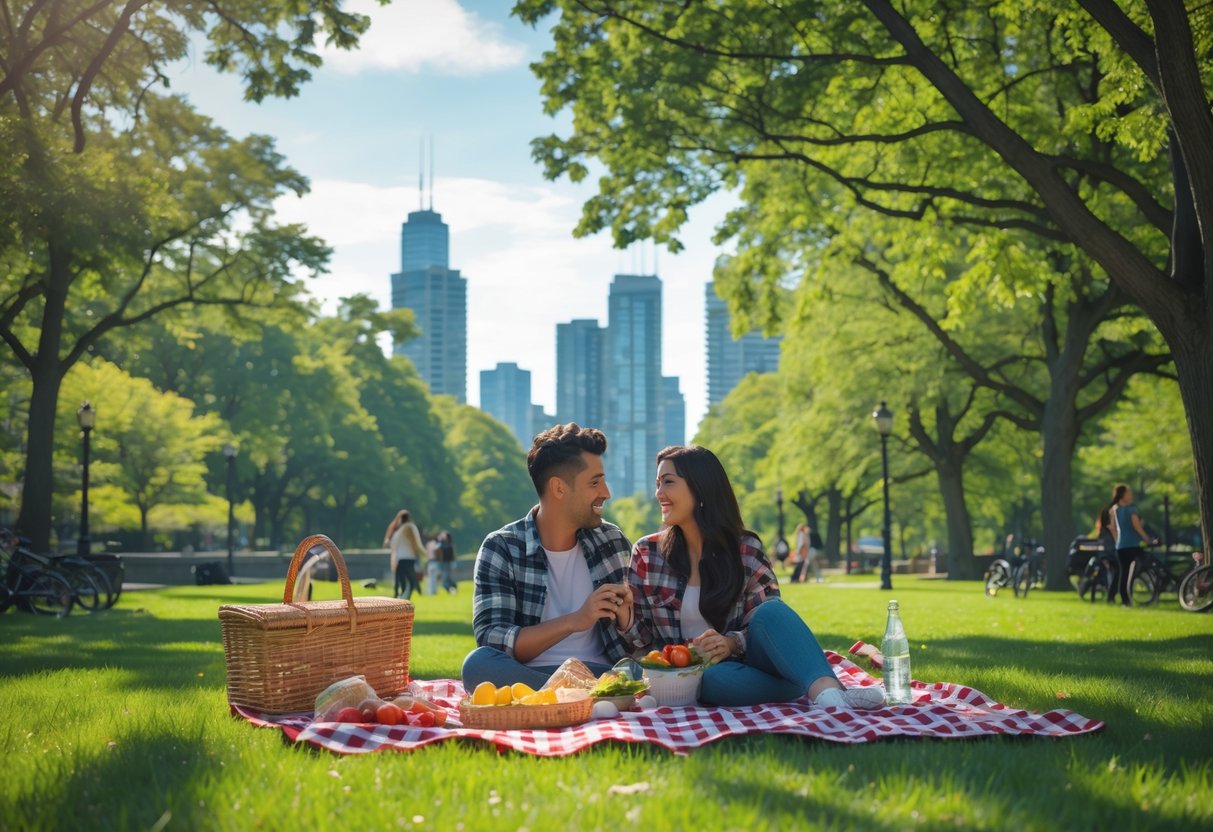 A young couple having a picnic on a blanket in a green park with trees and the Toronto skyline in the background.
