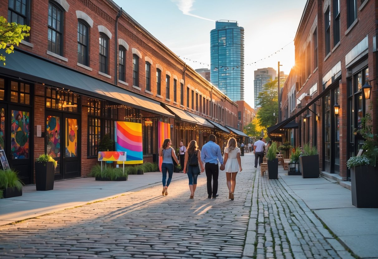 People walking and admiring art installations on cobblestone streets surrounded by historic red brick buildings in an urban district.