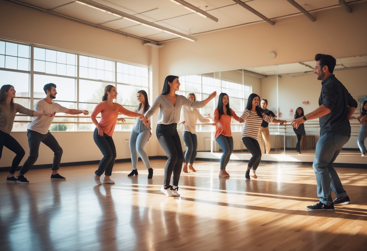 A group of young adults participating in a dance lesson inside a bright studio with wooden floors and large mirrors.