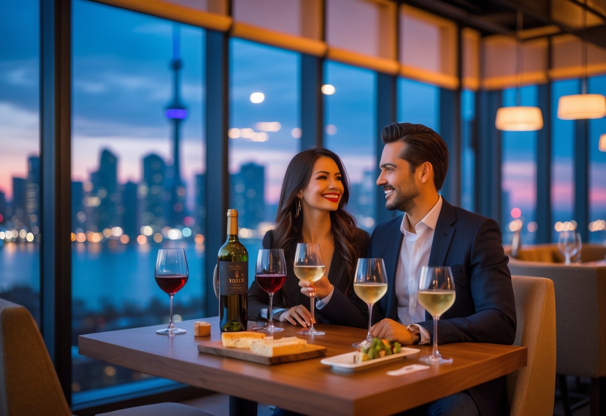 A couple enjoying wine tasting at a modern lounge with city lights visible through large windows.