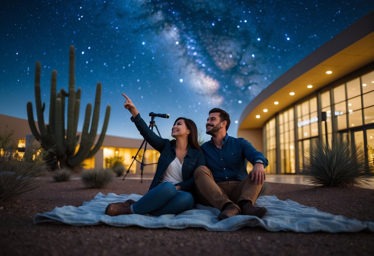 A couple sitting on a blanket outside the Arizona Science Center at night, looking up at the starry sky with a telescope nearby.