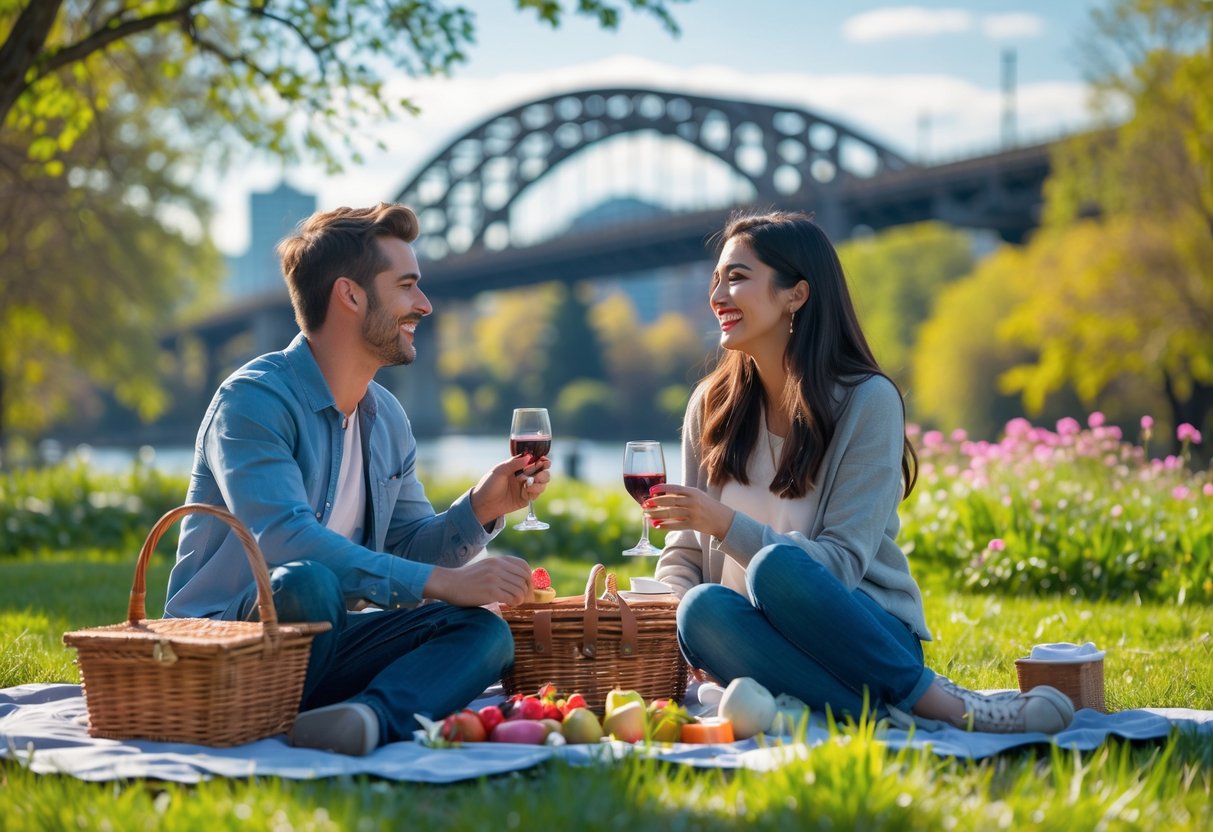 A young couple enjoying a picnic together in a park in Portland, Oregon, with city landmarks visible in the background.