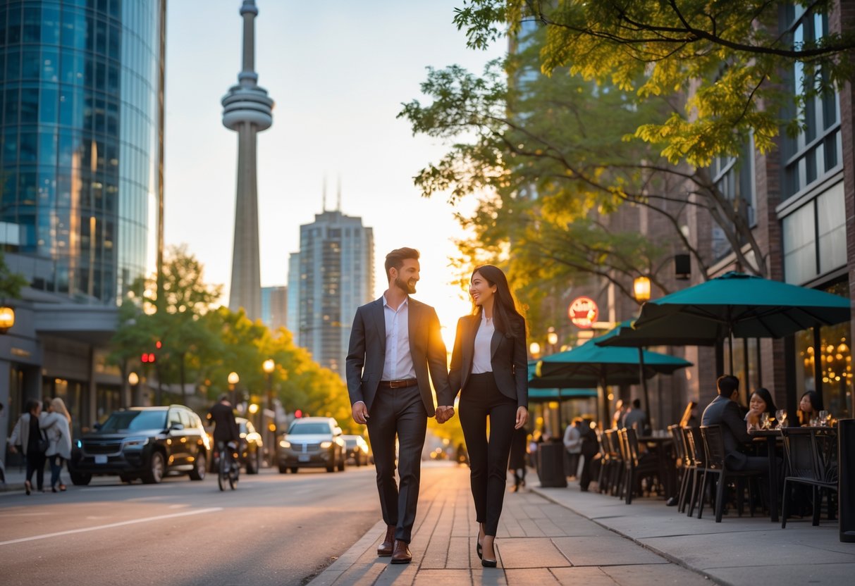 A young couple walking hand in hand on a downtown Toronto street with the CN Tower in the background during sunset.