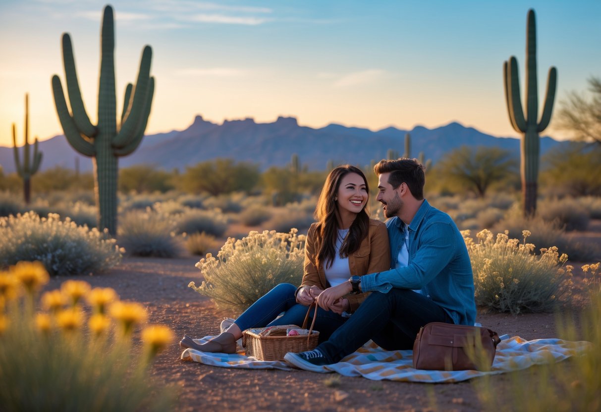 A couple enjoying a sunset picnic in a desert park with cacti and mountains in the background.