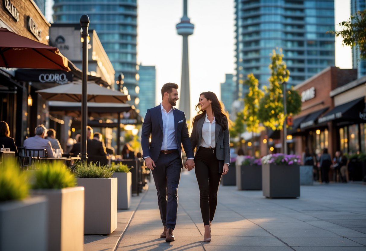 A couple walking hand-in-hand on a busy downtown Toronto street with the CN Tower visible in the background during sunset.