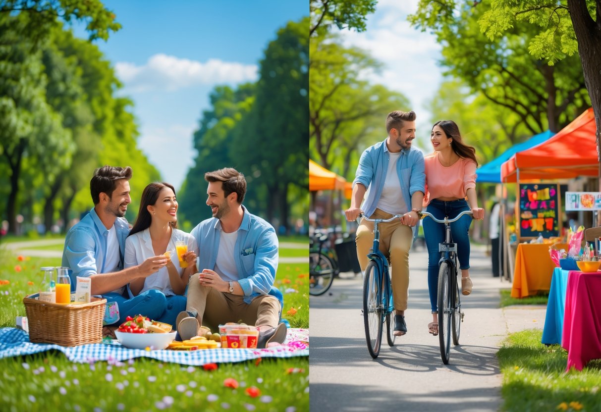 A young couple enjoying a picnic, bike ride, and outdoor art market together in a sunny park during the day.