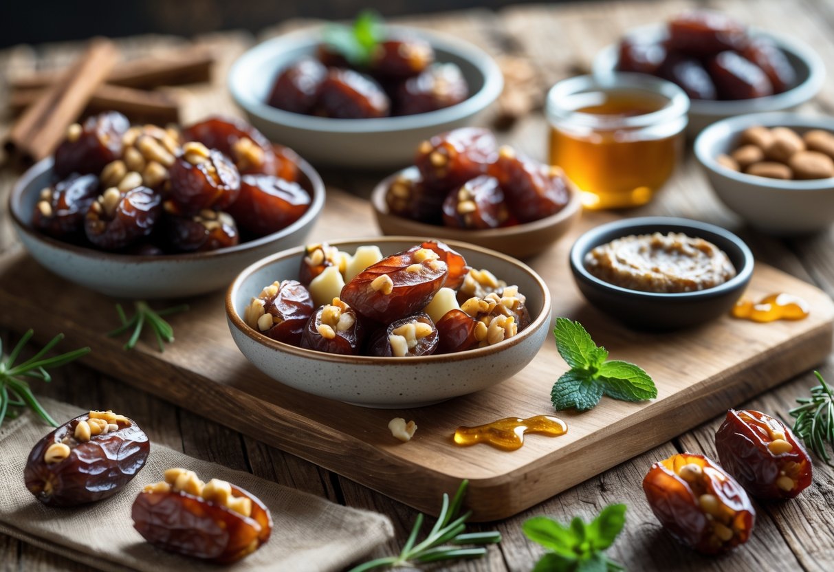 Assortment of dried dates prepared in various recipes, including stuffed and sliced dates, displayed on a wooden table with fresh ingredients.