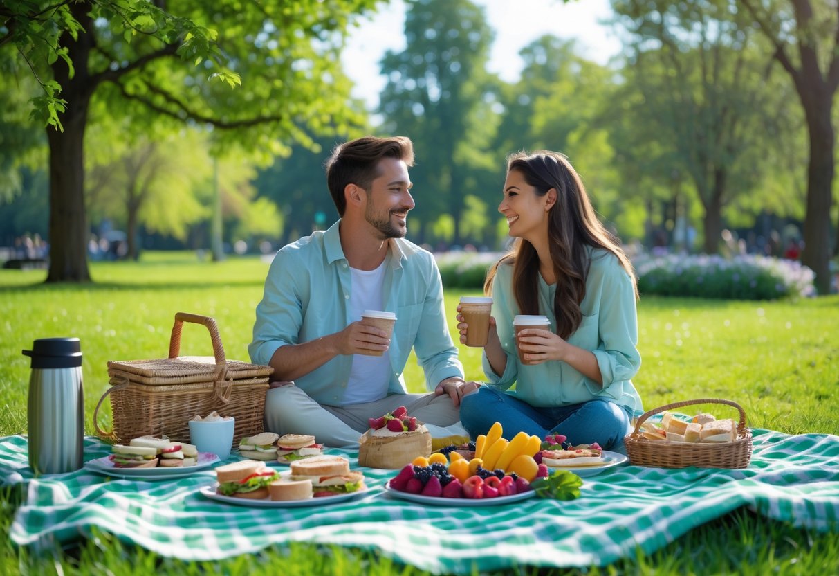 Two people enjoying a picnic with homemade food on a blanket in a sunny park surrounded by trees and flowers.