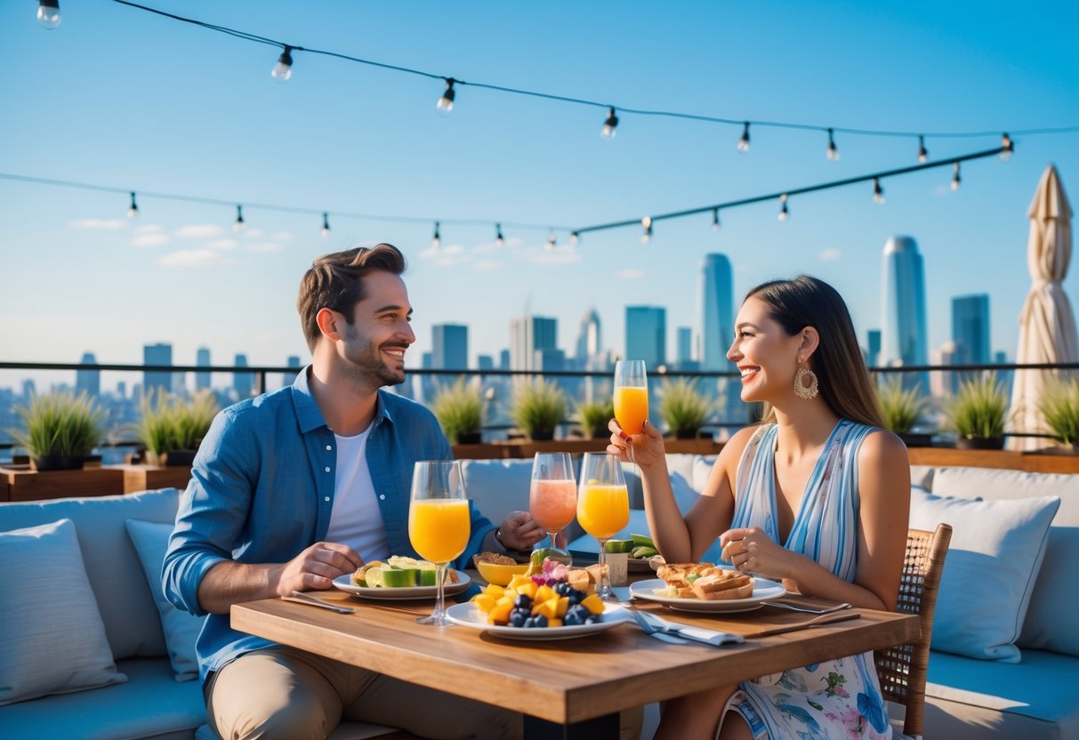 A couple having brunch together at a rooftop restaurant with a city skyline in the background during the day.