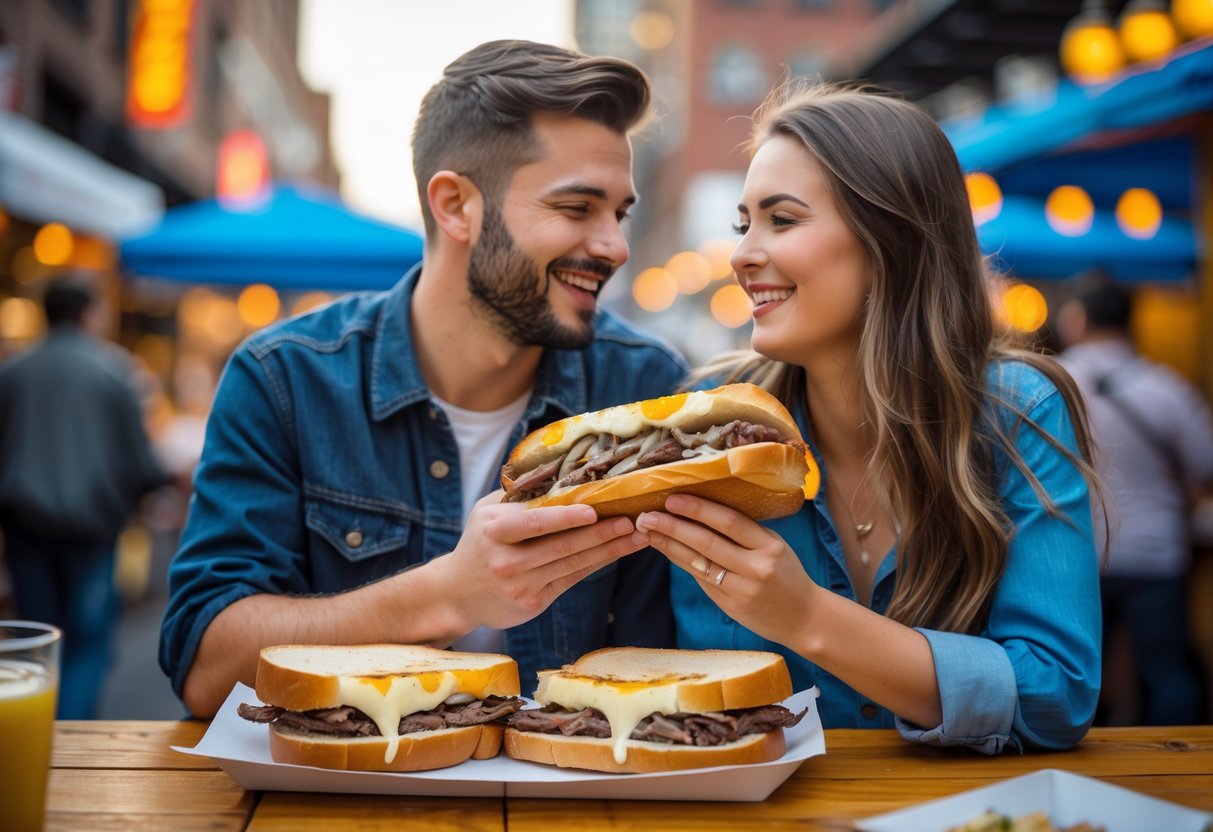 A young couple sharing a cheesesteak sandwich together at an outdoor food market in Philadelphia.