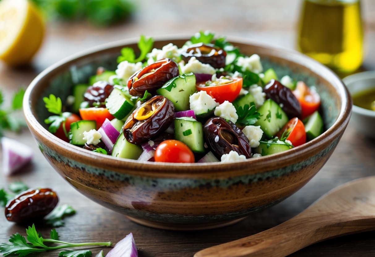 A bowl of Mediterranean date salad with dried dates, cucumbers, tomatoes, olives, feta cheese, and parsley on a wooden table.