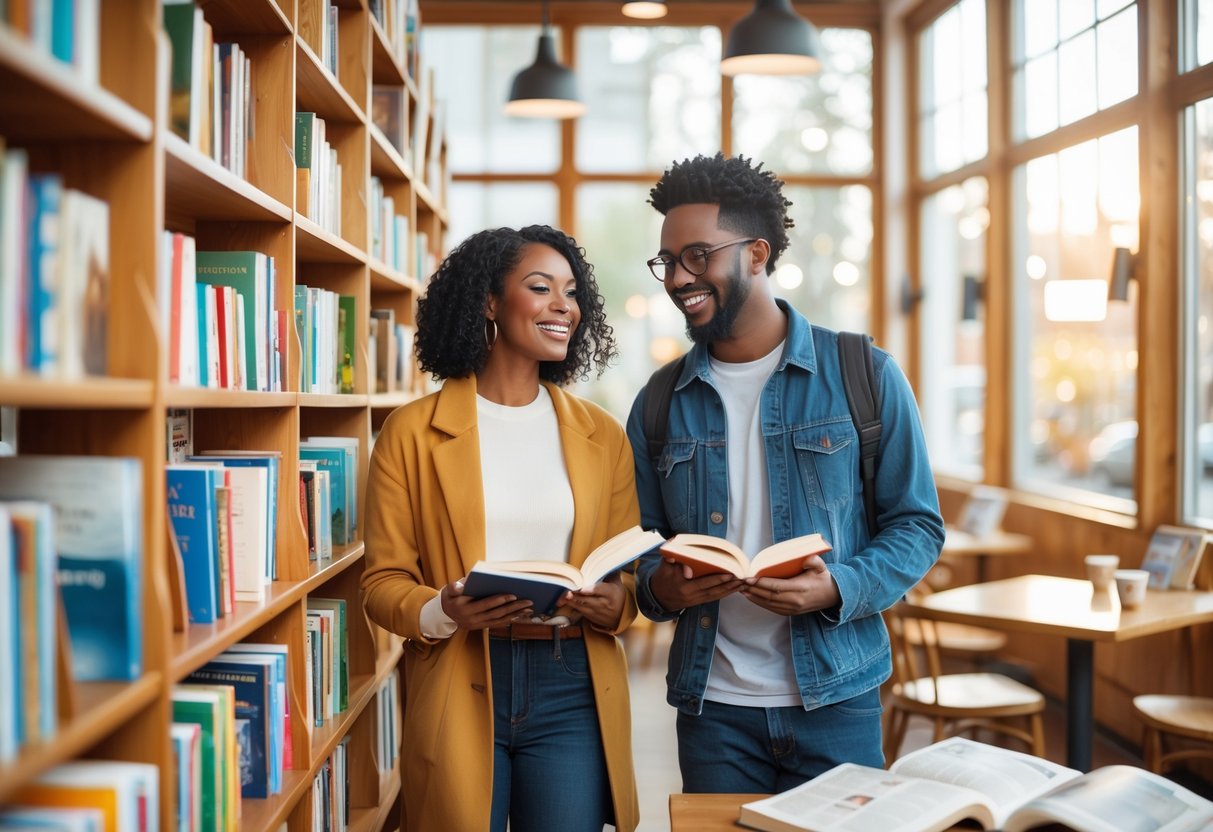 A young couple browsing and sharing books together in a bright bookstore during the day.