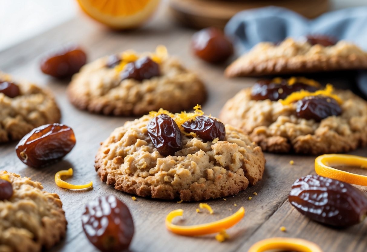 Close-up of oatmeal cookies with dried dates and orange zest on a wooden surface, with dried dates and orange zest pieces nearby.