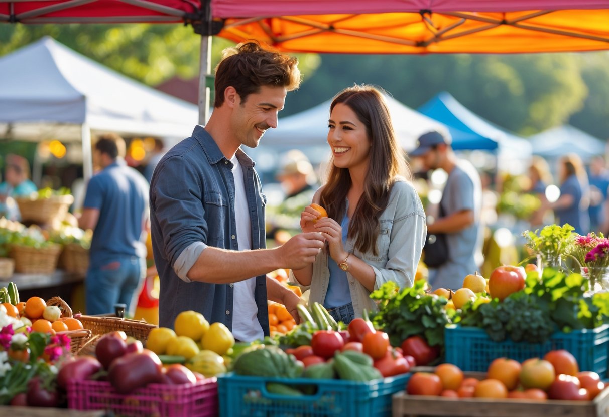 A young couple shopping and tasting fresh produce at a busy outdoor farmers market during the day.