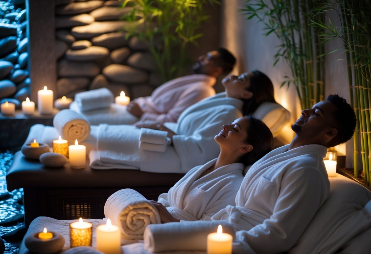 A couple in white spa robes relaxing on massage tables in a softly lit spa room with candles and plants.