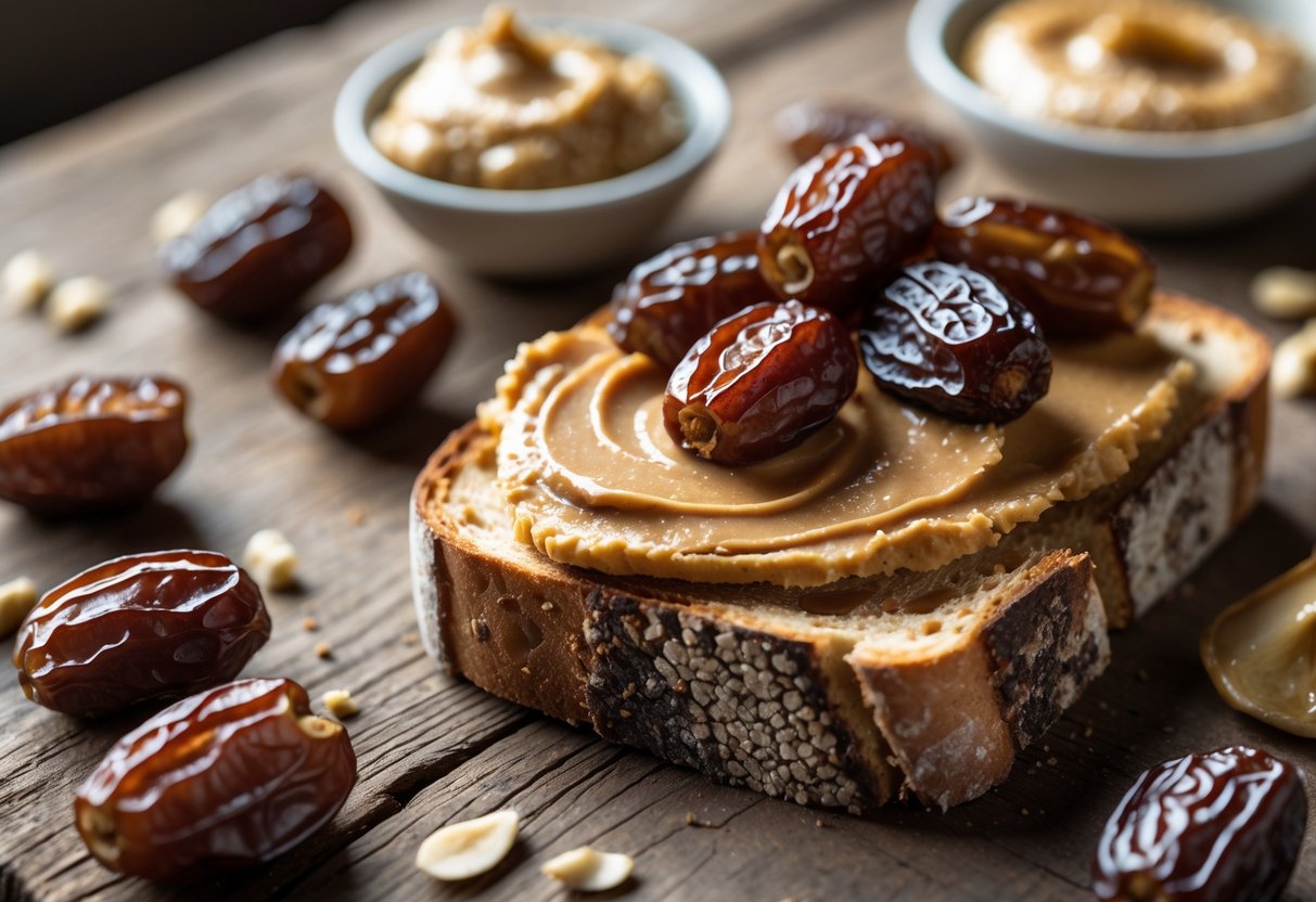 A slice of toast topped with nut butter and dried dates on a wooden table with more dates and a bowl of nut butter nearby.