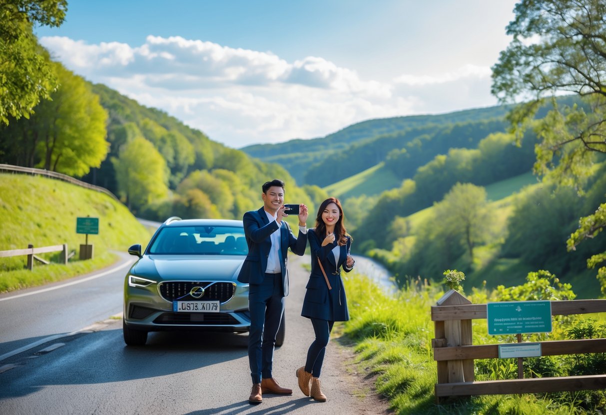 A couple parked by a scenic country road, taking photos and enjoying the natural surroundings during the day.