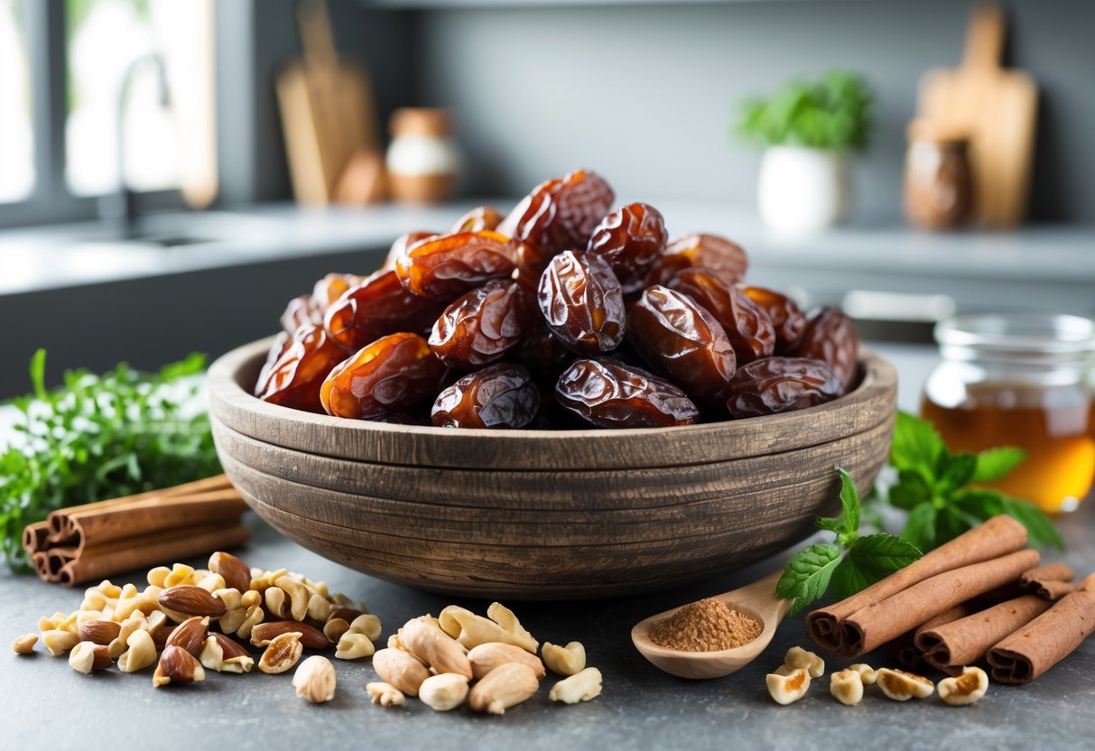 A kitchen countertop with a wooden bowl of dried dates surrounded by nuts, cinnamon sticks, honey, and fresh herbs.