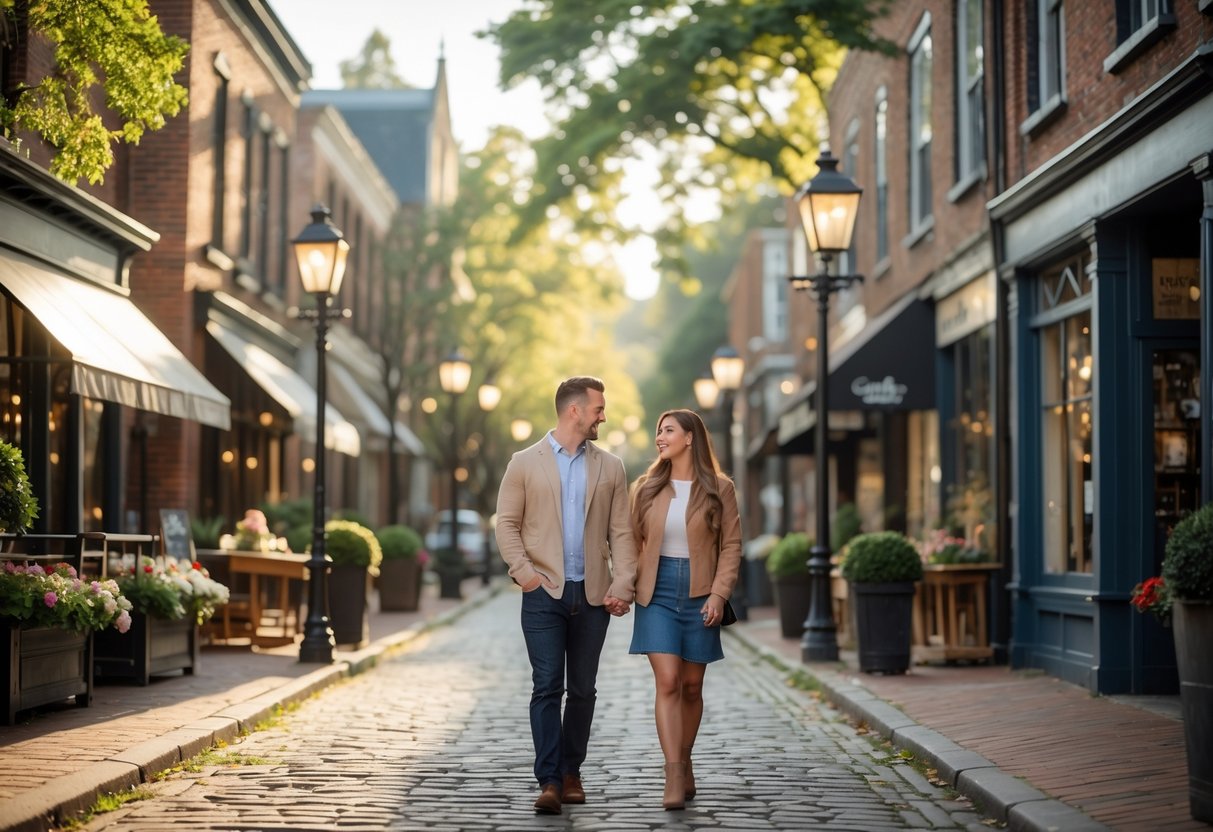 A couple walking hand-in-hand through a historic neighborhood with cobblestone streets and vintage buildings during the day.