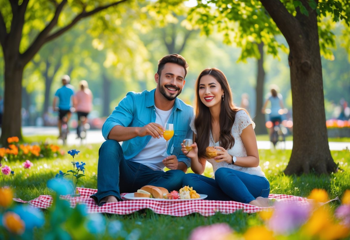 A couple enjoying a picnic together in a sunny park surrounded by trees and flowers.