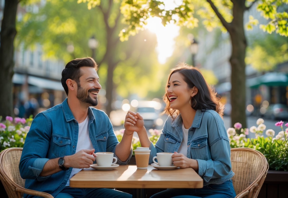 A couple sitting at a café table outdoors, smiling and enjoying coffee on a sunny day in a park setting.