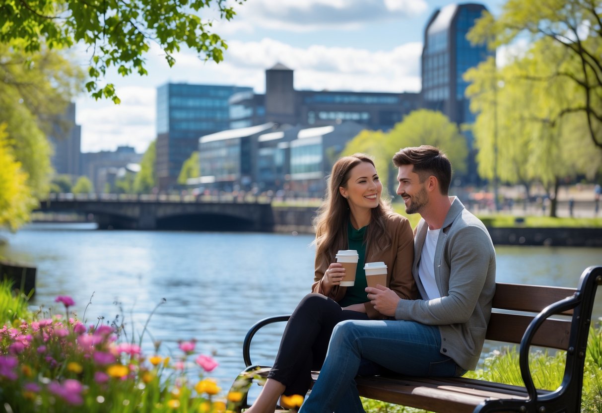 A young couple sitting on a bench by the River Tay in Dundee, smiling and enjoying coffee together on a sunny day.