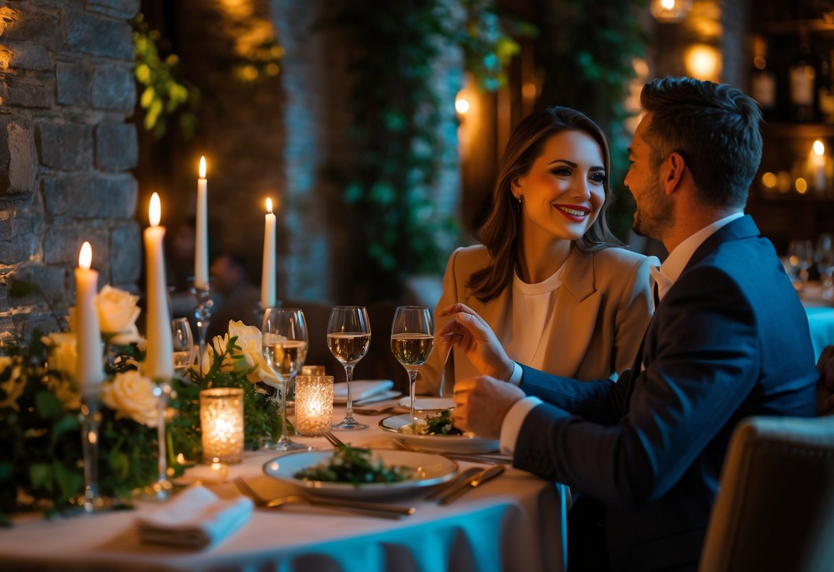 A couple enjoying a romantic dinner at a cozy restaurant table with candles and elegant table settings.
