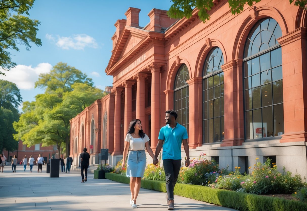 A young couple walking hand-in-hand outside the McManus Art Gallery in Dundee on a sunny day.