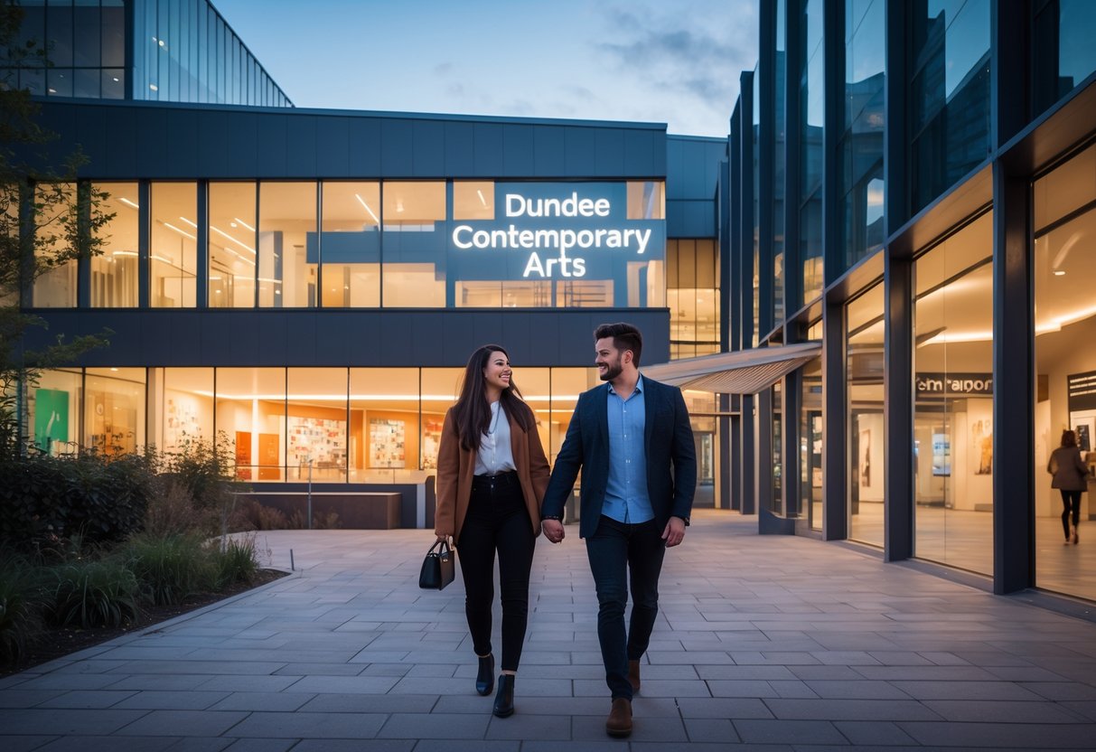 A young couple walking hand-in-hand outside a modern arts center in Dundee during early evening.