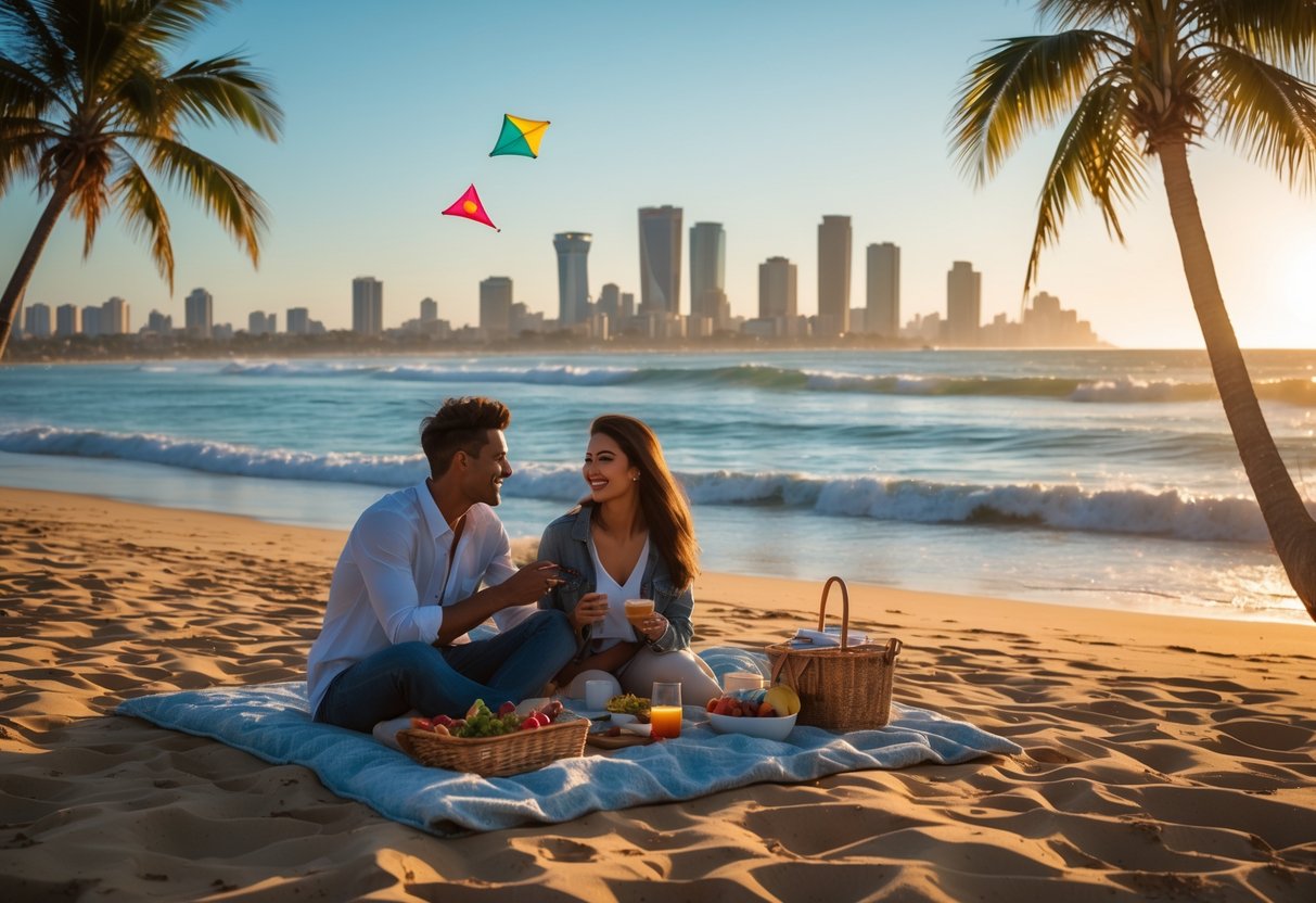 A couple having a picnic on a sandy beach with the Durban skyline and ocean in the background during sunset.