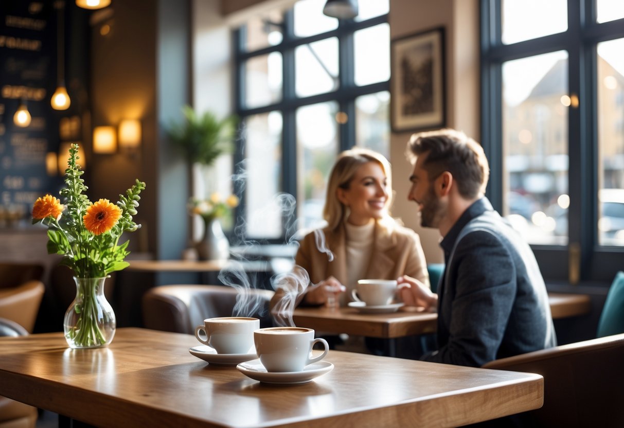 A couple enjoying coffee together at a cozy coffee shop with warm lighting and wooden decor.