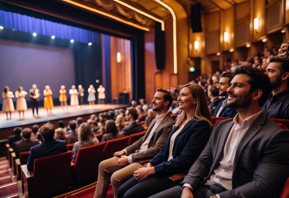 Audience watching a live performance inside Dundee Rep Theatre with actors on stage and people seated attentively.