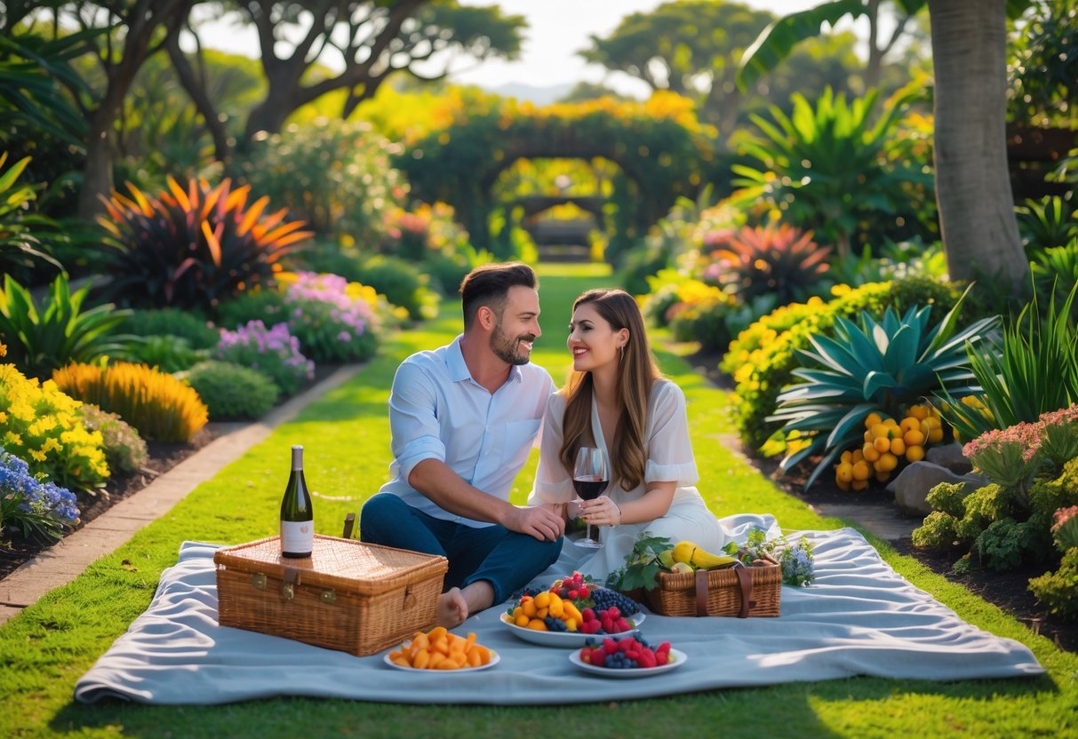 A couple enjoying a romantic picnic on a blanket surrounded by lush plants and flowers in a botanical garden.