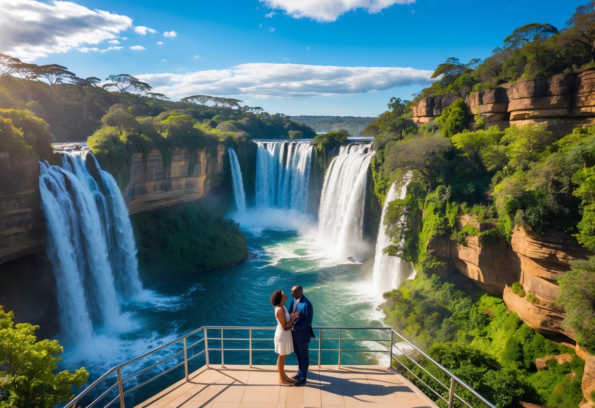 A couple standing on a viewing platform overlooking Umzinyathi Falls surrounded by green trees and rocky cliffs.