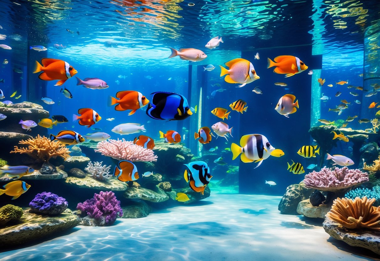 Colorful tropical fish swimming among coral reefs inside a large aquarium at uShaka in Durban.