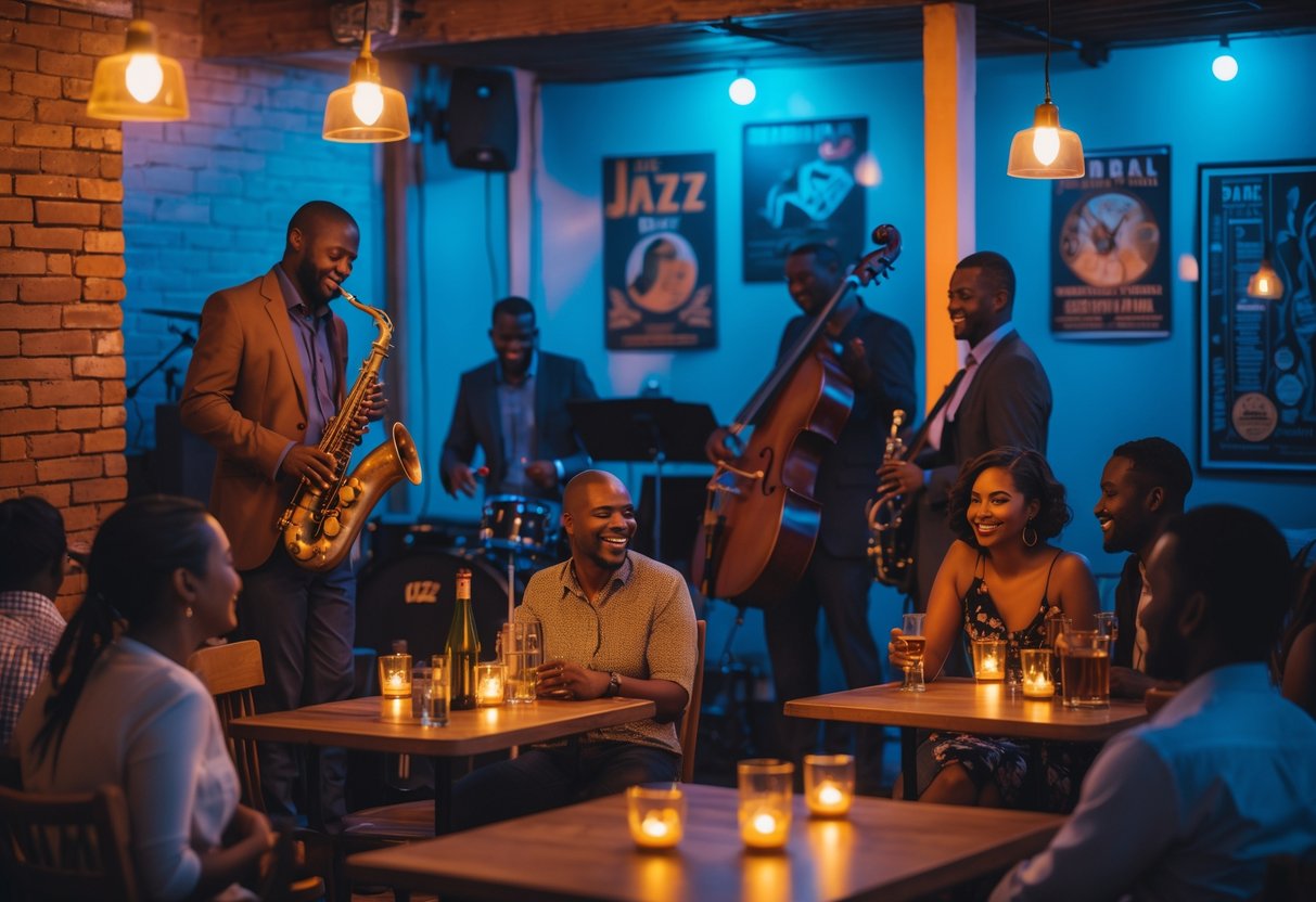 People enjoying live jazz music at a small indoor venue with warm lighting and musicians playing on stage.