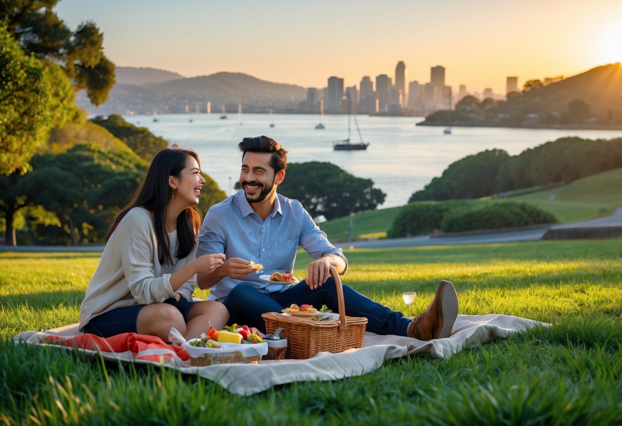 A young couple having a picnic in a park near the bay with hills and a city skyline in the background at sunset.
