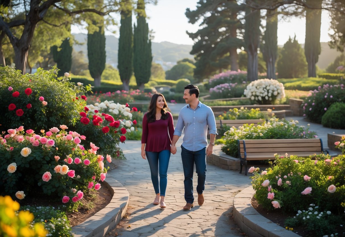 A couple walking hand-in-hand along a stone path surrounded by blooming rose bushes in a garden with trees and hills in the background.