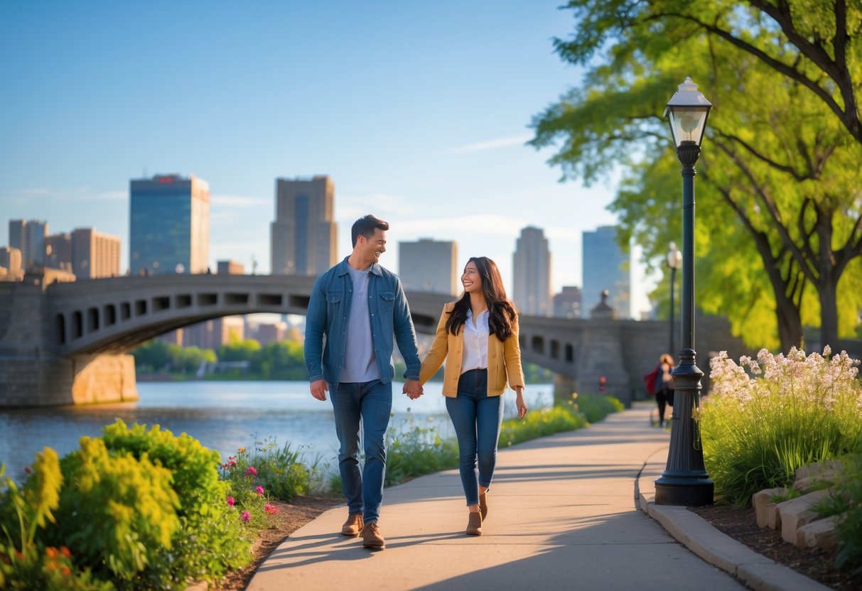 A young couple walking hand in hand on a bridge over a river with a city skyline in the background, surrounded by trees and flowers.