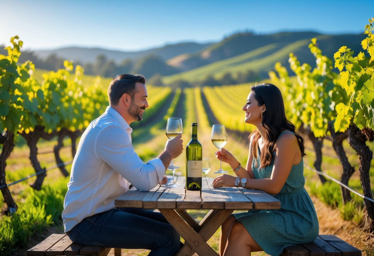 A couple enjoying a wine tasting outdoors at a vineyard with green grapevines and rolling hills in the background.