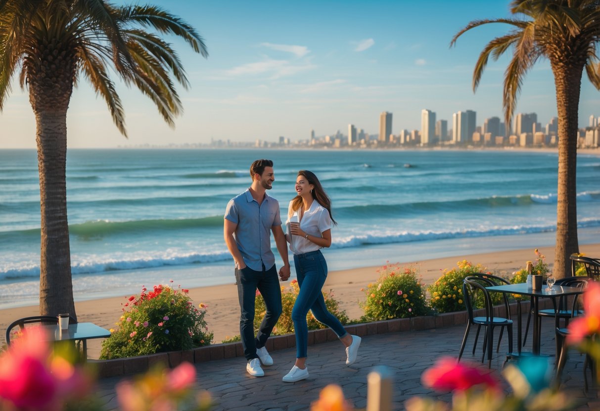 A young couple enjoying a date outdoors near the Durban beachfront with the ocean and city skyline in the background.
