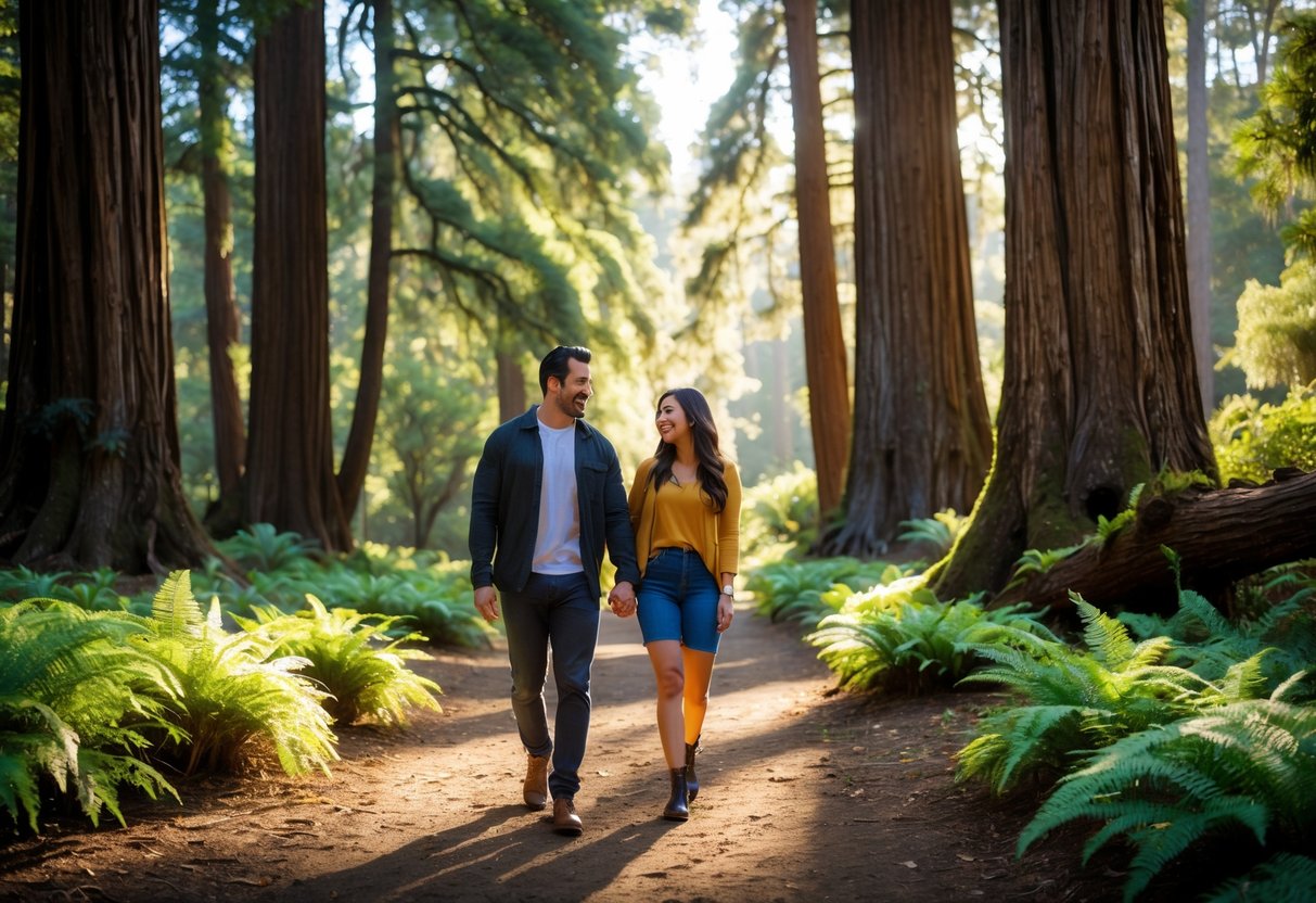 A couple walking hand-in-hand on a forest trail surrounded by tall redwood trees and green foliage.