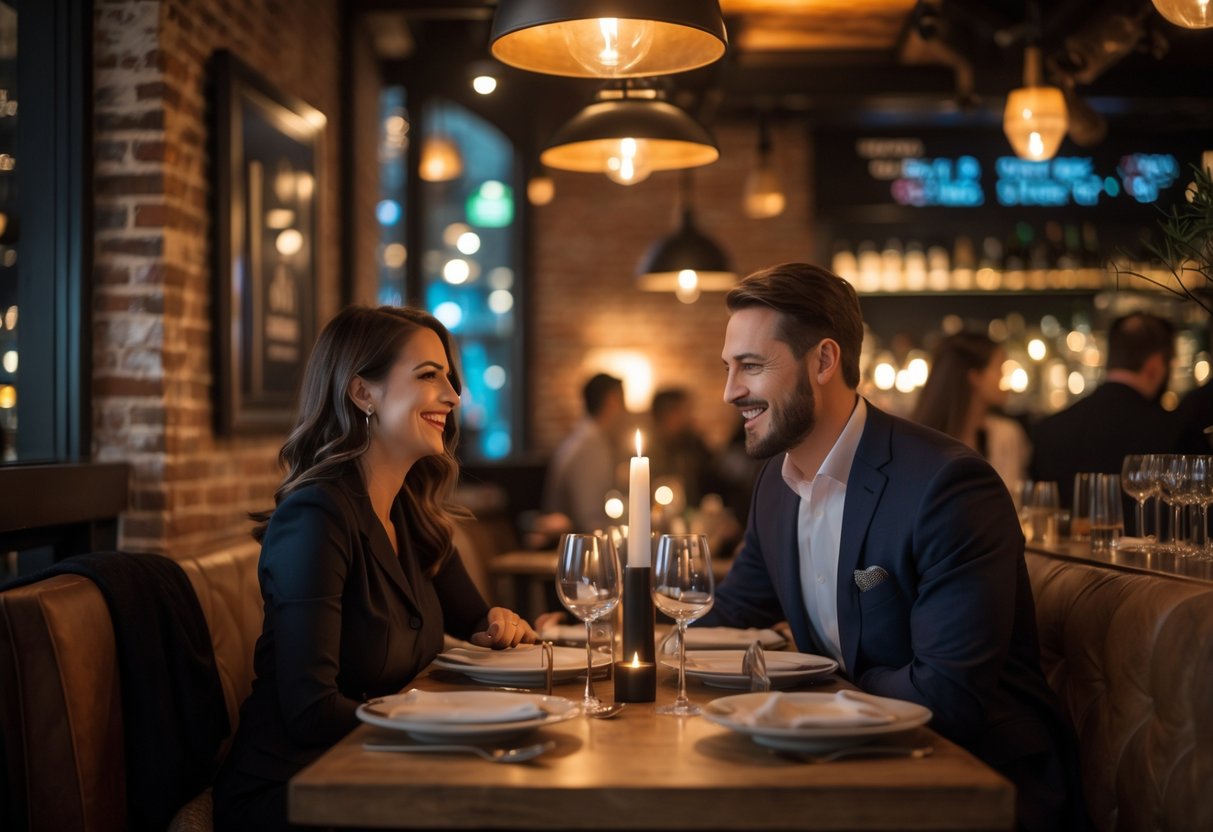 A couple enjoying an intimate dinner at a warmly lit restaurant with rustic decor and a cozy atmosphere.