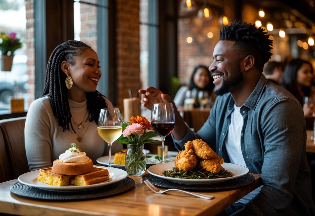 A couple enjoying a meal together at a cozy restaurant with wooden tables and warm lighting.