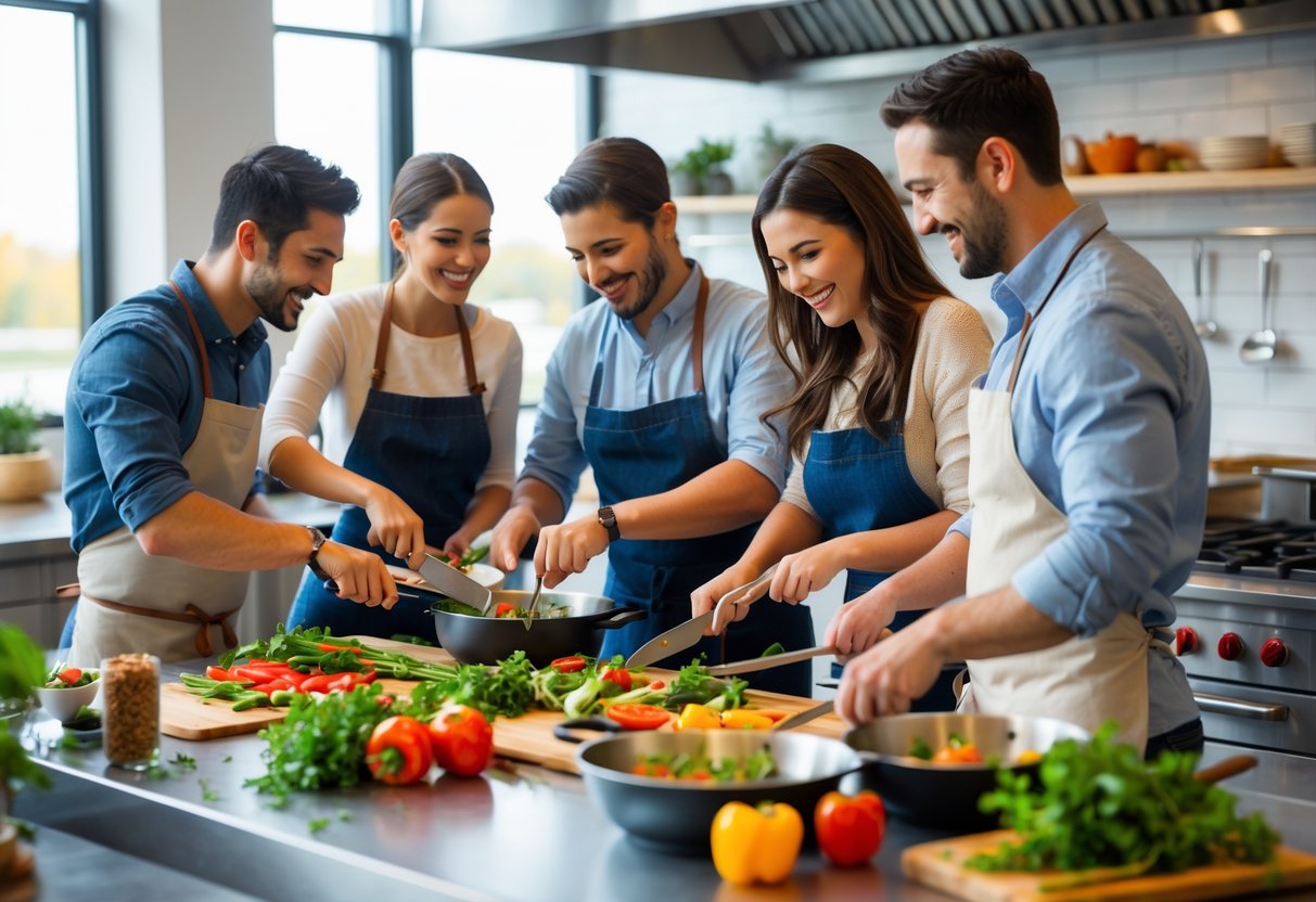 Couples cooking together in a bright kitchen, preparing food and smiling.