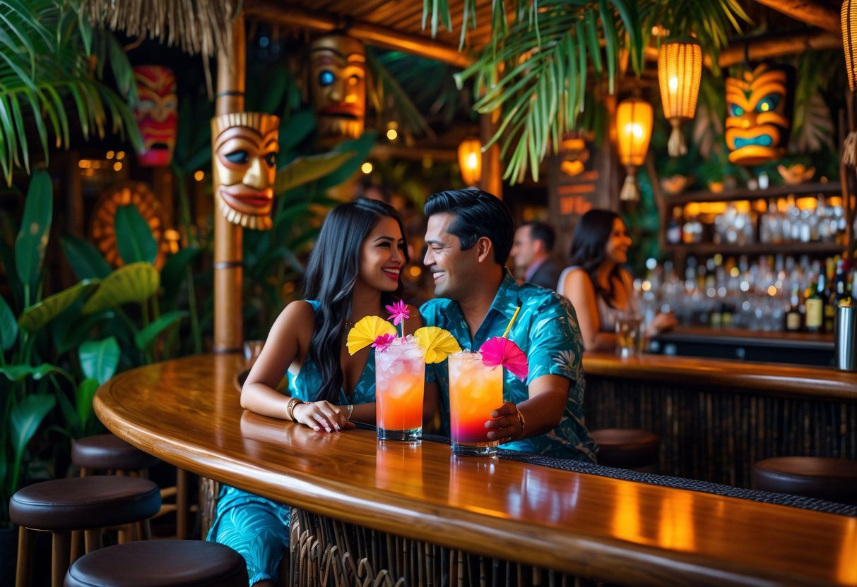 A couple enjoying colorful cocktails at a tiki bar with tropical decorations and warm lighting.