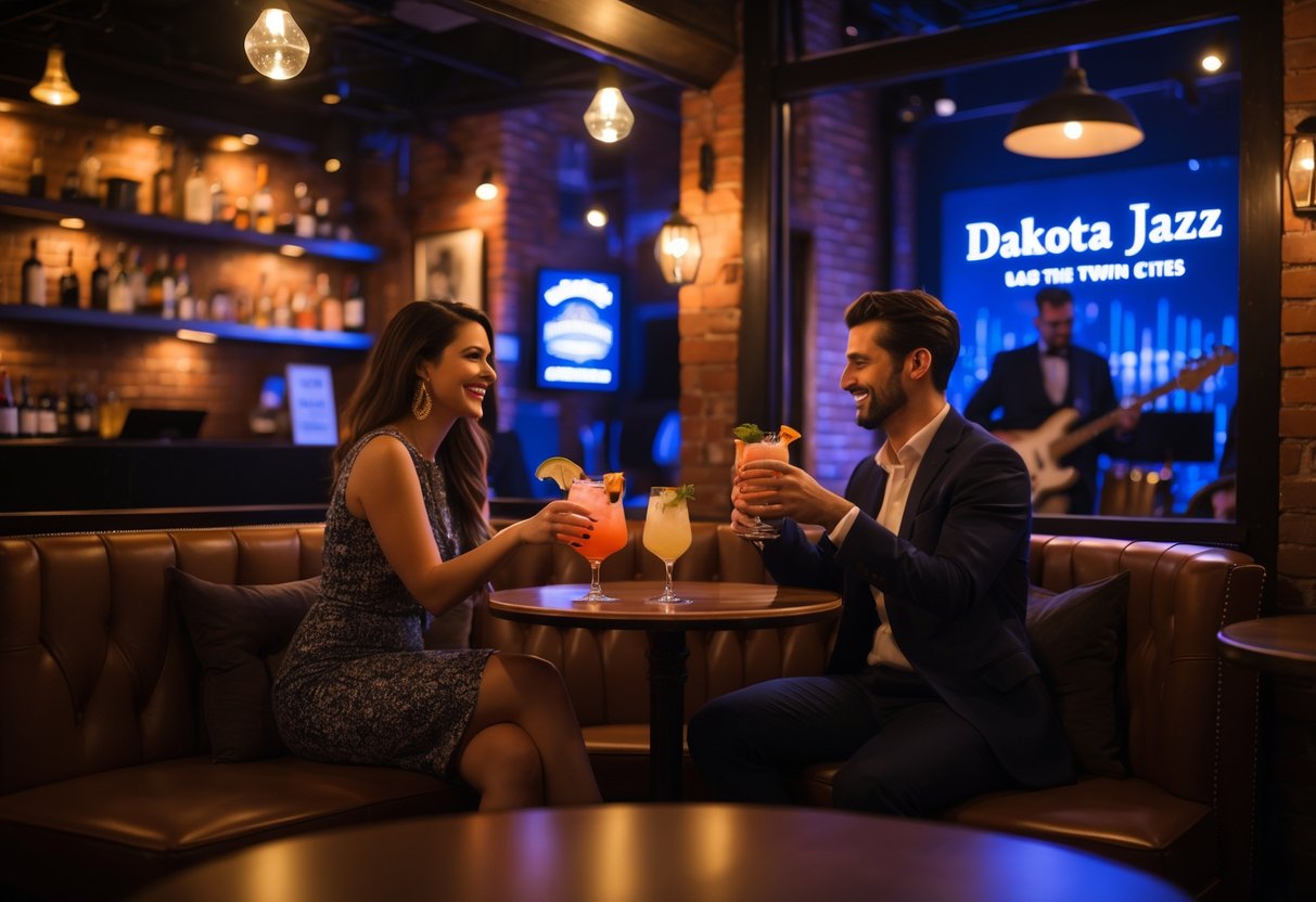 A couple enjoying cocktails at a small table inside a dimly lit jazz club with a live band playing in the background.