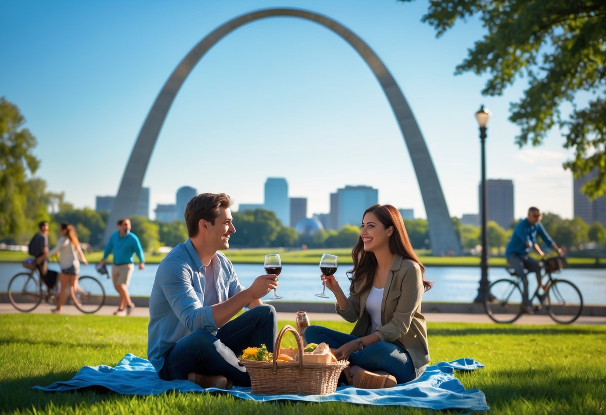 A young couple having a picnic near the Gateway Arch in St. Louis on a sunny day.