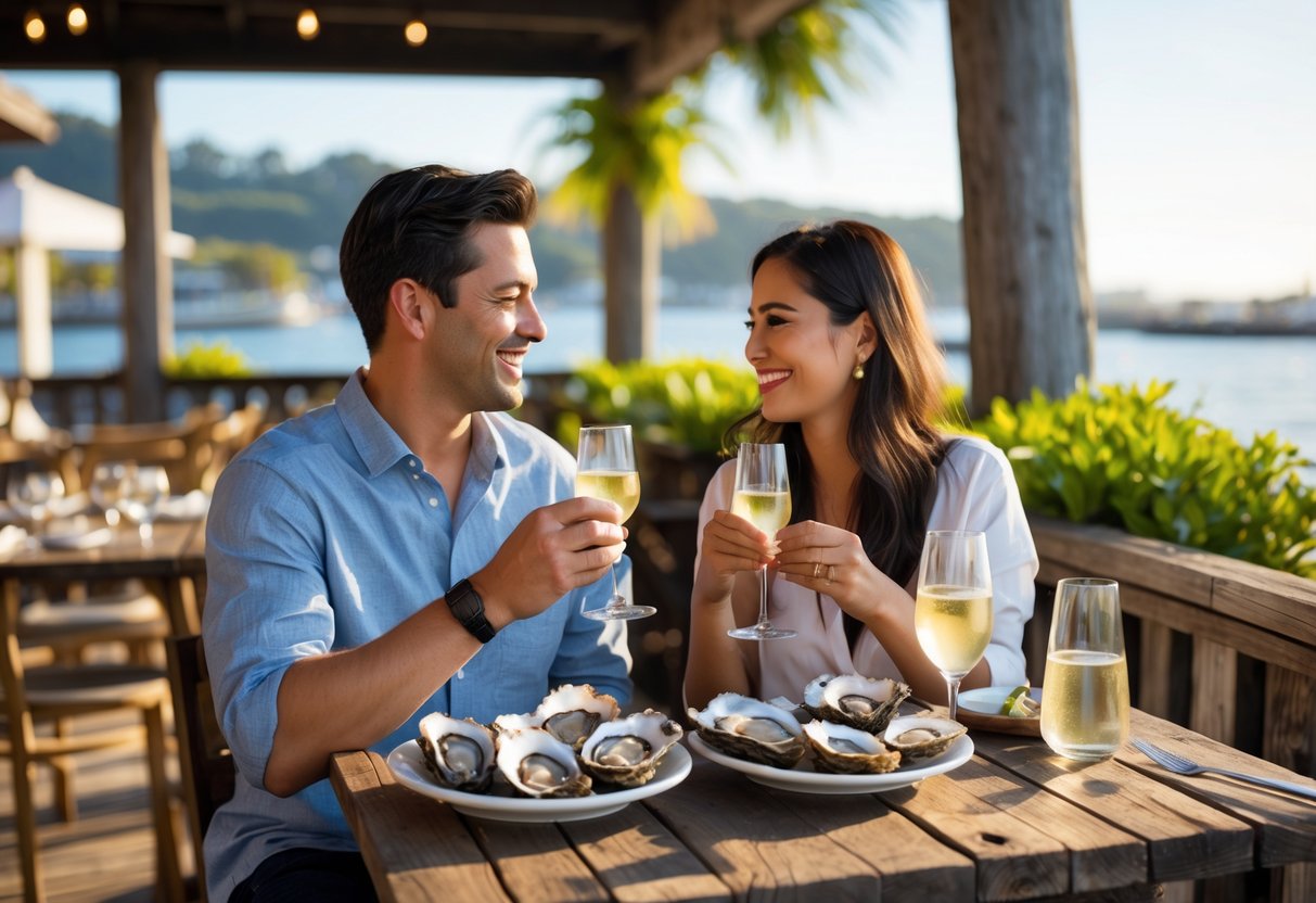 A couple enjoying oysters and drinks at an outdoor table near the waterfront at Hog Island Oyster Co. in Jack London Square.